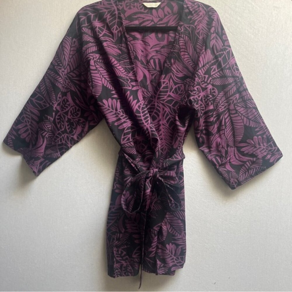 Pokoloko Purple Black Rayon Floral Belted Kimono Cardigan One Size
